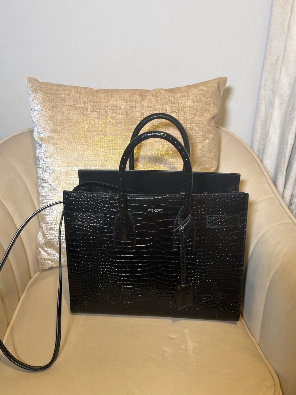 YSL Sac De Jour Small Black Croc-Embossed Satchel with Detachable Strap